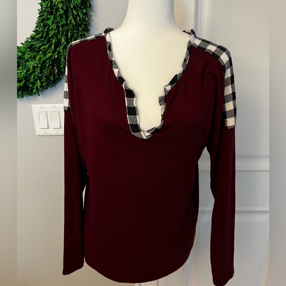 Burgundy Plaid Trim Sweater